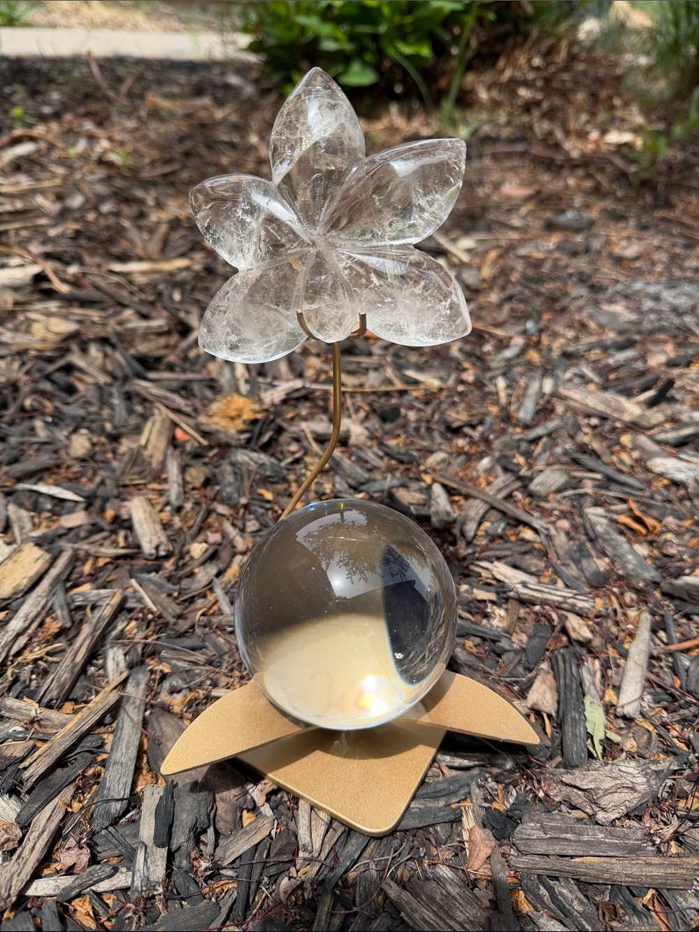 Crystal Lotus Sphere Holder in Clear Quartz and Gold..